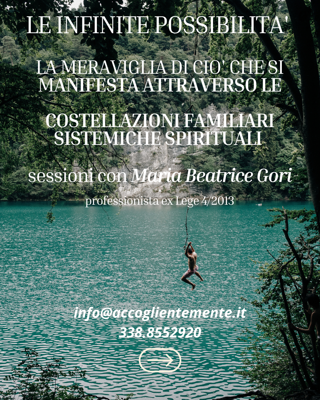 Prenota una sessione individuale ad Agosto durante il nostro retreat di 3 giorni nella splendida Toscana, a pochi passi dal mare. Le attività di gruppo ricominceranno il 21 agosto. Per ulteriori informazioni, contattare: M. Beatrice Gori - 338.8552920 - info@accoglientemente.it
