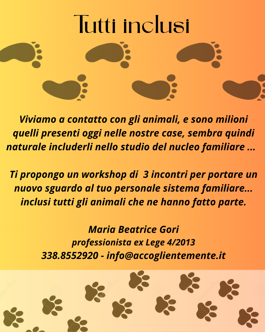 Tutti inclusi workshop individuale - 3 sessioni che potrai svolgere in autonomia,da casa e con la tua tempistica. Realizzerai una 'fotografia' completa della tua famiglia compresi gli animali che ne hanno fatto parte e quelli che vivono oggi con te. L'osservazione di tutto il sistema metterà in luce quanto gli animali sono in relazione col sistema, l'ambiente nel quale vivono